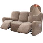 BellaHills 8-Pieces Recliner Sofa Covers Velvet Stretch Reclining Couch Covers for 3 Cushion Sofa Slipcovers Furniture Covers Form Fit Customized Style Thick Soft Washable, Taupe