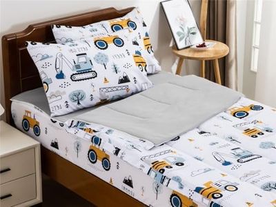 NTBED Construction Truck Printed Zipper Bedding Sets Twin Lightweight Microfiber Forest Car Comforter Sets with Fitted Sheet Pillow Covers,White Grey