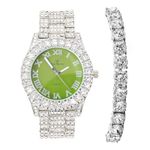 Charles Raymond Women's Big Rocks Bezel Colored Dial with Roman Numerals Fully Iced Out Watch and Matching Beautiful Sparkling Tennis Bracelet Set - ST10327LA (TLA Silver - Lime), ST10327TLA Silver -