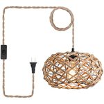 Rustic Industrial Woven Plug in Pendant Light Fixture with 14ft Handmade Woven Light Cord, Coastal Hemp Rope Hanging Lamp for Bedroom Kitchen Island Farmhouse Living Room Indoor