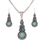 YAZILIND Jewellery Tibetan Silver Inlay Oval Turquoise Charming Crystal Necklace Earrings Set for Women