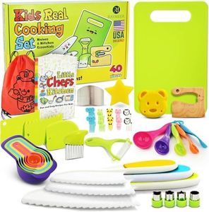 40Pcs Kids Knife set for Real Cooking - Montessori Kitchen Tools for Toddlers - Safe Kitchen Tools and Accessories with Recipes Book, Cutting Board and Knife set - Kids Knives and Cooking Utensils Kit