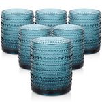 ZMOWIPDL Vintage Glassware Drinking Glasses Set of 6,12 oz Hobnail Glass Cups,Embossed Blue Water Tumbler,for Beer,Cocktail,Whiskey,Juice and Various Mixed Drinks- 1 Cleaning Brush