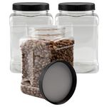 Cornucopia 48oz Square Plastic Jars (3-Pack); Clear Rectangular 6-Cup Canisters w/Black Lids, Easy-Grip Side