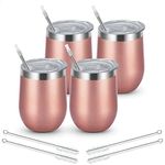 Livole Wine Tumbler Gifts Set of 4, 12oz Double Wall Vaccum Insulation Stainless Steel Wine Glass with Lid and Straw, 4 Pack Unbreakable Stemless Wine Coffee Cups for Home, Outdoors, Picnic, Rose Gold