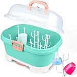 NiHome Baby Bottle Storage Drying Rack Portable Nursing Cutlery Box Container Anti-Dust Protect Lid Cover Dish Organizer Drain Board Easy-Carry Handle Holder Home Kitchen Travle Outdoors (Teal)