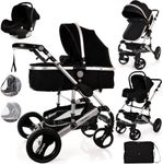 Baby Pram Pushchair Buggy with Car Seat Lightweight Stroller Folding Strollers 3 in1 Travel System Baby Trolley Baby Pram for Newborns Toddlers 0-36 Months from Birtn (Black - Silver Frame)