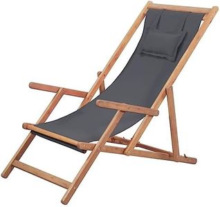 'vidaXL Adjustable Wooden Beach Chair with Fabric Seat - Foldable and Portable Grey Outdoor Lounge Chair for Garden, Patio, and Beach