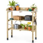 CHRISTOW Garden Potting Table Wooden Work Bench With 5 Hooks, 2 Shelves (89cm x 76.5cm x 37cm)