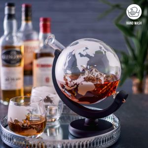 Oak & Steel Large Globe Whiskey Decanter Set – 1500ml with 2 Glasses, Stones & Stand – Gift for Men