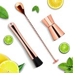 Mojito muddler kit Stainless Steel Cocktail Muddler, Mixing Spoon with Masher, Jigger Dual Spirit Measure Cup, Bar Tool Essentials set mojito muddler kit of 3 (ROSE GOLD)