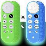 2pcs Remote Cover (Glow in The Dark) Compatible with 2020 Google TV Voice Remote, Pinowu Anti Slip Shockproof Silicone Case Cover (Green and Blue)