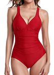 Derssity Ruched Tummy Control One Piece Swimsuit Swimwear Retro Vintage Bikini Bathing Suit Swimming Costume for Women(R,L) Red