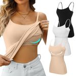 CharmLeaks Women Cotton Camisole with Shelf Bra 3 Pack Cami Tank Top Adjustable Straps Black/White/Apricot Peach XXL