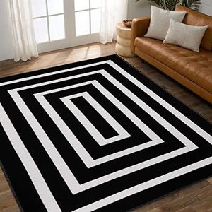 Lanffia Black and White Area Rug 5x7 ft Contrasting Geometric Modern Stripe Symmetrical Indoor Outdoor Rug Machine Washable Extra Large Rugs Woven Cotton Floor Carpet for Living Room/Balcony/Backyard