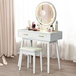 CHARMAID Vanity Set with Touch Screen Dimming Lighted Mirror, 3 Color Lighting Modes, Modern Bedroom Makeup Dressing Table with 2 Sliding Drawers and Cushioned Stool for Girls Women (White)