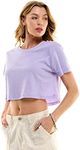 Women's Boxy Crop Top Round Neck Short Sleeve Casual 100% Cotton Cropped Tee T-Shirt, Lilac, Medium