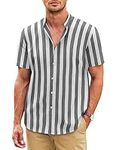 COOFANDY Men's Casual Linen Shirt Band Collar Button Down Short Sleeve Shirt