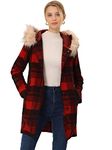 Allegra K Women's Single Breasted Winter Coat Plaids Long Trench Coat with Hood Red Black 12