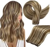 Full Shine Genius Weft Hair Extensions Human Hair Color Brown Highlight Honey Blonde Hair Extensions Hand Tied Weft Hair Extensions Human Hair For Women Straight Hair Weft Extensions 20 Inch 80G