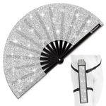 Raveahem Glitter Large Rave Folding Clack Hand Fan with holster for men/women Handheld Fan for EDM,Festival,Club,Party,Dance (Silver)