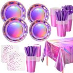 121PCS Pink Iridescent Party Supplies for Girls Shiny Theme Birthday Party Decorations for Holographic Shiny Party Disposable Tableware Set Plates Napkin Cups Dinnerware Set Serves 20 Guests