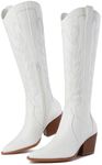 Susanny Knee High Cowboy Boots for Women Embroidered Western Cowgirl Boots for Womens Mid Calf Chunky Heel Pull on Stitching Zipper Pointed Toe Mid Low Heel Boots, White, 6.5