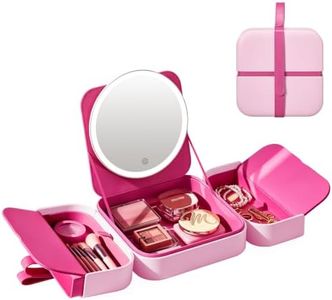FUNTOUCH Leather Travel Makeup Bag with Rechargeable LED Mirror, Pink