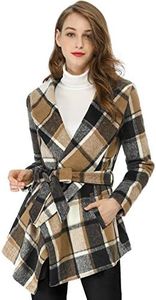 Allegra K Women's Turn Down Collar Asymmetric Hem Thin Plaids Wrap Coat Brown Medium