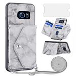 Phone Case for Samsung Galaxy S6 Edge Wallet Cover with Tempered Glass Screen Protector and Crossbody Strap Marble Credit Card Holder Stand Cell Accessories Glaxay S6edge 6s 6 S 6edge Women Girls Grey