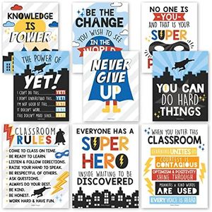 9 Superhero Classroom Decor Signs - Welcome Sign For Classroom Motivational Posters For Classroom Bulletin Board Decorations, Growth Mindset Classroom Posters Elementary, Middle School Classroom Rules