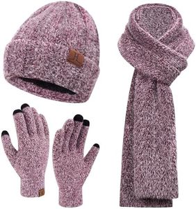 Womens Winter Warm Knit Beanie Hat Touchscreen Gloves Long Scarf Set with Fleece Skull Caps Neck Scarves for Women Men