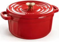 Overmont Enameled Cast Iron Dutch Oven - 5QT Pot with Lid Cookbook & Cotton Potholders - Heavy-Duty Cookware for Braising, Stews, Roasting, Bread Baking red