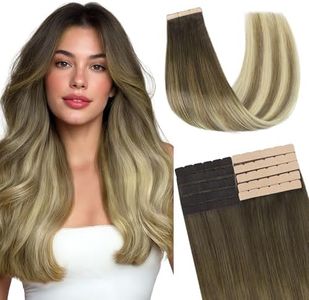 GOO GOO Tape in Hair Extensions Human Hair, 3/8/613 Balayage Walnut Brown to Ash Brown and Bleach Blonde, 22inch 40g 10pcs, Mini Tape Cut to Fit，Skin Weft Seamless Invisible, Remy Human Hair