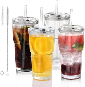 Salpae Glass Cups with Lids and Straws – 20oz Glass Tumbler with Straw and Lid, Reusable Iced Coffee Cup, Smoothie & Tea Glass, Ideal for Home, Office, Travel, 4 Pack