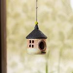 ExclusiveLane 'Village Cottage' Handmade & Handpainted Terracotta Bird House for Garden Hanging & Bird Houses for Balcony (4 Inches), Black, White and Multicoloured, (EL-021-203)