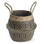 Seagrass Belly Basket with Handles Natural Woven Plant Pot Foldable for Storage Laundry Blankets Toys (Black Stripe)