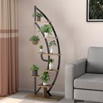 COSTWAY 8-Tier Tall Plant Stand, Curved Half Moon Ladder Display Rack with Top Hook & Anti-Toppling Device, Metal Flower Shelf Pot Holder for Indoor Outdoor Balcony Garden Yard (1 PCS, Brown + Black)