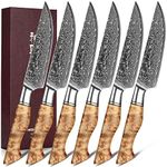 HEZHEN 6PCS Kitchen Knife Set Professional Forged Damascus High Carbon Steel Steak Knife Figured Sycamore Wood Handle-Porcelain Gift Package