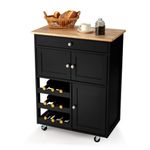 GiantexUK Kitchen Storage Trolley on Wheels, Rolling Serving Island Cart with Drawer and Wine Racks, Wooden Storage Display Cabinet for Dining Room Restaurant & Bar (Natural + Black)