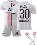 US-DXB 2021-2022 Kids Soccer Jersey Paris Saint-Germain PSG #30 Messi Home Navy Blue Fan Jersey Top+Shorts+Socks Set Sport Series (White#30, 28(9-10years))