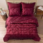 MR&HM Satin Comforter Queen 7 Pieces - Luxurious Pinch Pleat Bedding Set with Comforter, Flat Sheet, Fitted Sheet, Pillowcases & Shams, Super Silky Soft Bed Set for All Season (Queen, Burgundy)