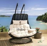 Hindoro Rattan Wicker Wrought and Cast Iron Outdoor Balcony Furniture Double Seater Swing Chair with Stand and Cushion for Adults & Kids, Black with Beige