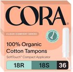 Cora Organic Applicator Tampon Multipack | 18 Regular & 18 Super Absorbency | 100% Organic Cotton, Unscented, BPA-Free Compact Applicator | Leak Protection | Packaging May Vary | 36 Total