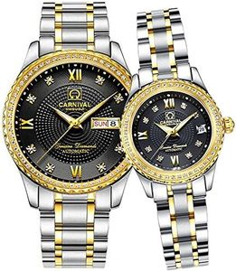 CARNIVAL Couple Watches Men and Women Automatic Mechanical Watch Romantic for Her or His Set of 2 (Gold Black)