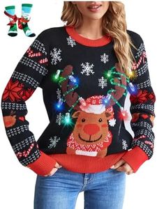 LANPULUX LED Light Up Ugly Christmas Sweater Funny Reindeer Adorable Sweaters for Holiday Parties Built-in Light Bulbs