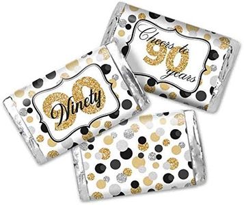 Cheers To 90 Confetti Polka Dot 90th Birthday Anniversary Party Mini Chocolate Candy Bar Sticker Wrappers, 45 1.4" x 2.6" Wrap Around Labels by AmandaCreation, Great for Party Favors