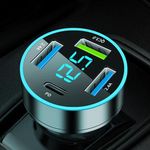 USB C Car Charger Adapter, 4 Port Car Cigarette Lighter USB Charger with LED Voltmeter PD & QC3.0 Car USB Adapter Phone Charger Compatible with iPhone, Galaxy, iPad Tablets & More