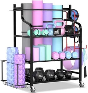 Mythinglogic Yoga Mat Storage Racks,Home Gym Storage Rack for Dumbbells Kettlebells Foam Roller, Yoga Strap and Resistance Bands, Workout Equipment Storage Organizer With Hooks and Wheels