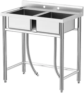 Zstar Stainless Steel Utility Sink, Commercial Restaurant Freestanding Double Bowl Laundry Sink, NSF Certificated, Outdoor Camping Stainless Steel Sink Set for Garage, Restaurant, Backyard (36in)